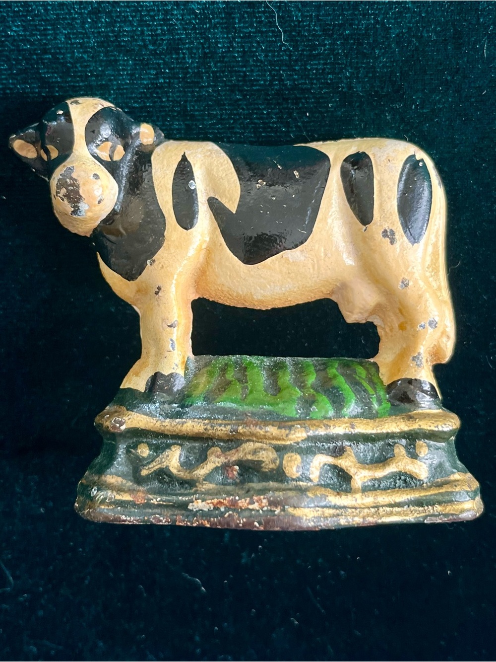 Antique Cast Iron Cow Doorstop in Black and Cream